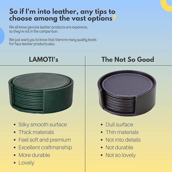 LAMOTI Leather Coasters for Drinks, 4" Drink Coasters Set of 6 with Holder for Tabletop Protection, Handmade Luxurious Home Décor and Housewarming Gift (Green)