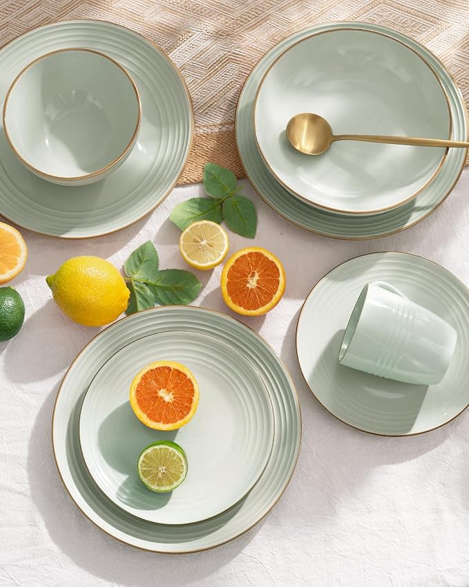 Famiware Jupiter Dinnerware Set, Plates and Bowls Dish Sets for 6 (18 Pieces), Microwave and Dishwasher Safe Stoneware Speckled Tableware, Chip and Scratch Resistant, Light Green