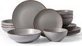 Famiware Venus Speckled Dinnerware Set with Pasta Bowls, Service for 4 (16 Pieces), Stoneware Plates and Double Bowls Sets, Microwave & Dishwasher-Safe Dishes with Trim, Matte Dark Grey