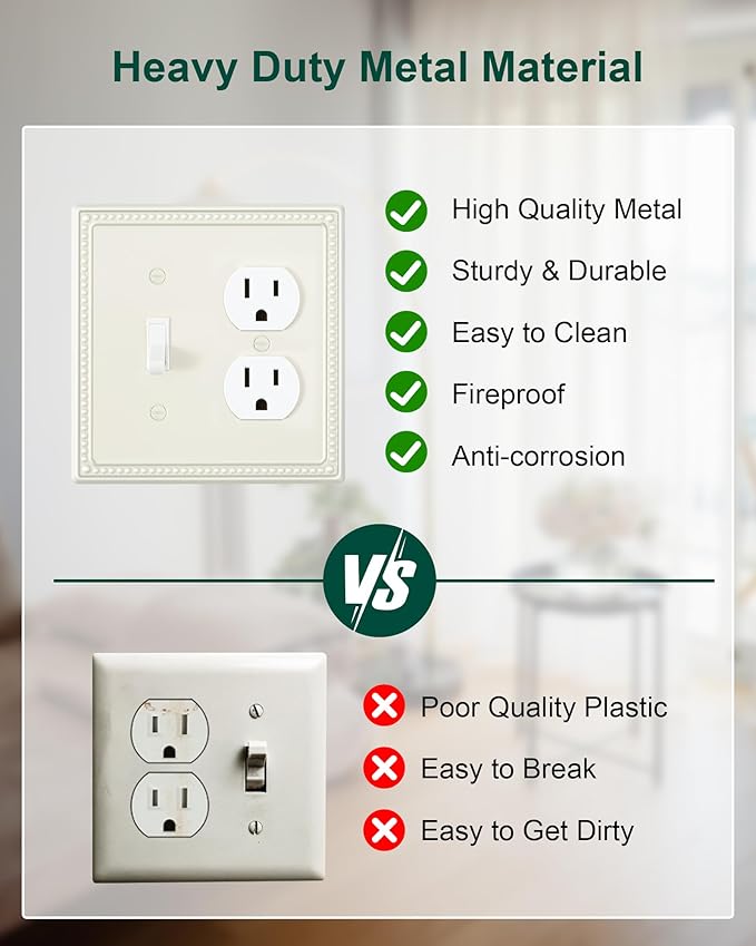 2-Pack Combo Toggle/Duplex Light Switch Cover Plate, Light Almond Metal Wall Outlet Cover Plate, Decorative Classic Beaded Wall Socket Receptacle Cover for Electrical Outlets, Light Switch