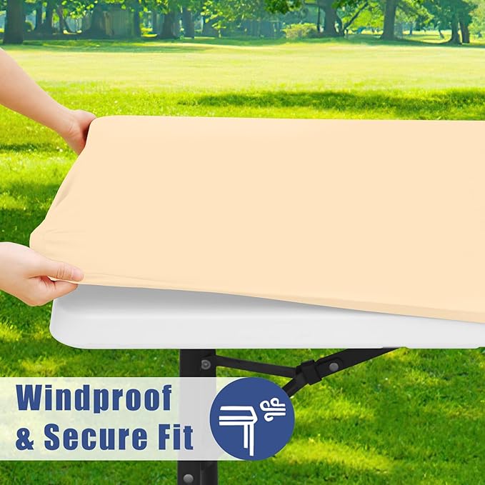 Spandex 4 Foot Rectangle Table Cloth 2 Pack, Elastic Fitted Tablecloths for Picnic, Stretch Washable Patio Table Cover for Outdoor, Camping, Banquet and Parties (Ivory, 24"x48")