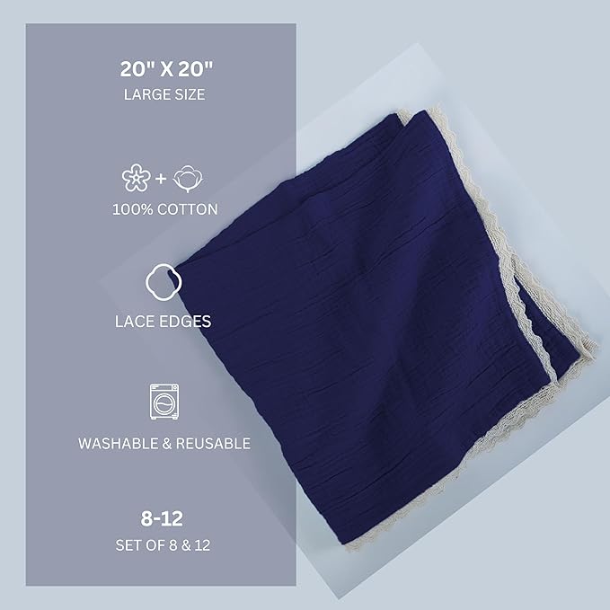Fingercraft Dinner Cloth Napkin Cotton Muslin Double Gauze 8 Pack with Classic Lace for Everyday Use, Wedding, Party, Christmas, Easter Napkins Cloth are Pre Shrunk and Good Absorbency Navy