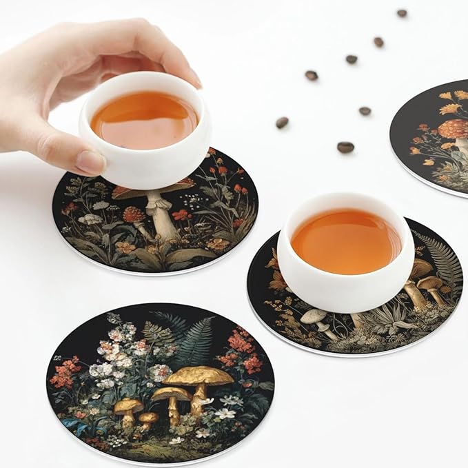 Mushroom Coasters for Drinks with Holder Round Leather Coasters Set of 6 Cups Mugs Mat Pad for Home Kitchen Bar