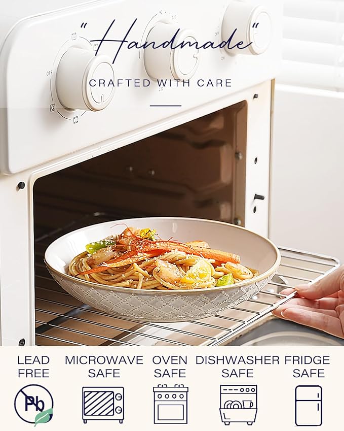 getstar Pasta Bowls, Large Salad Serving Bowls (7.6 inch & 22 oz), Ceramic Bowl Plates Set of 4, Farmhouse Embossments, Microwave and Dishwasher Safe