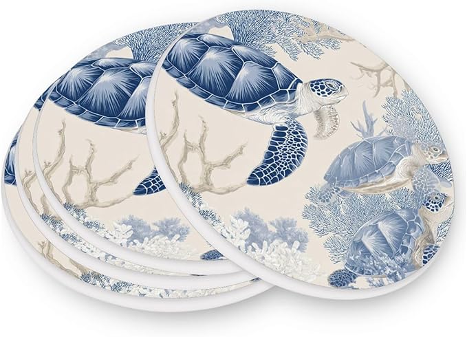 Coasters for Drinks Coaster Drink Set Decorative Coffee Table Desk Cup Mat Spring Cute Cork Bar Backing Round Home Decor Beige and Blue Sea Turtles Corals35