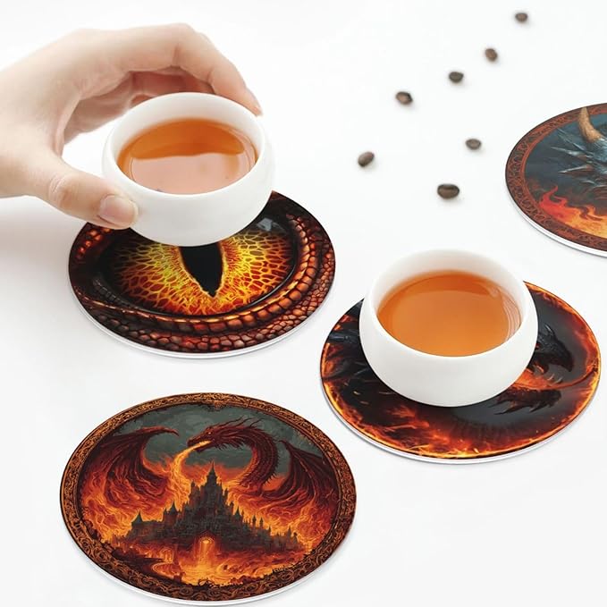 Dragon Coasters for Drinks with Holder Round Leather Coasters Set of 6 Cups Mugs Mat Pad for Home Kitchen Bar