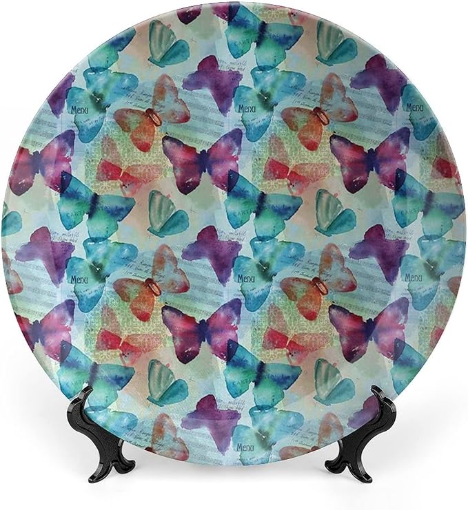 Decorative Plates, Abstract Print Ornament, Watercolor Rainbow Colored Butterflies and Letterings Music, 8 Inch, Kitchen Wall Decor, Multicolor
