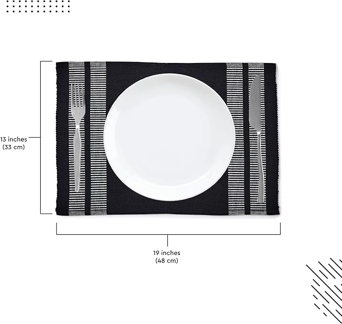 Encasa XO Dining Placemat Set of 6 | Ladder Black Color | Fine Ribbed Cotton Table mat | Size 18x13 in | Machine Washable