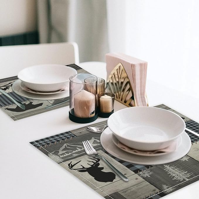 Bear Moose Deer Placemats Rustic Wildlife Moose Forest Animal Cabin Lodge Lake Pine Heat-Resistant Linen Table Place Mats for Dining Kitchen Country Camp Style Farmhouse Decor 6 PCS, Countryside-8