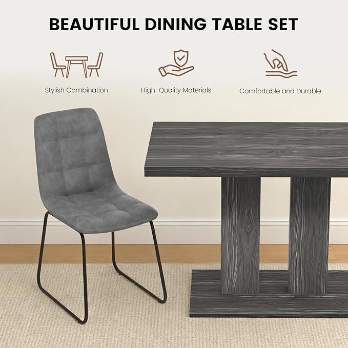 Modern 5-Piece Dining Table Set for 4, 46" Pedestal Dining Table with 4 Leather Chairs, Small Space Saving Kitchen Table Set, Grey Wood Finish Rectangular Table for Dining Room & Apartment