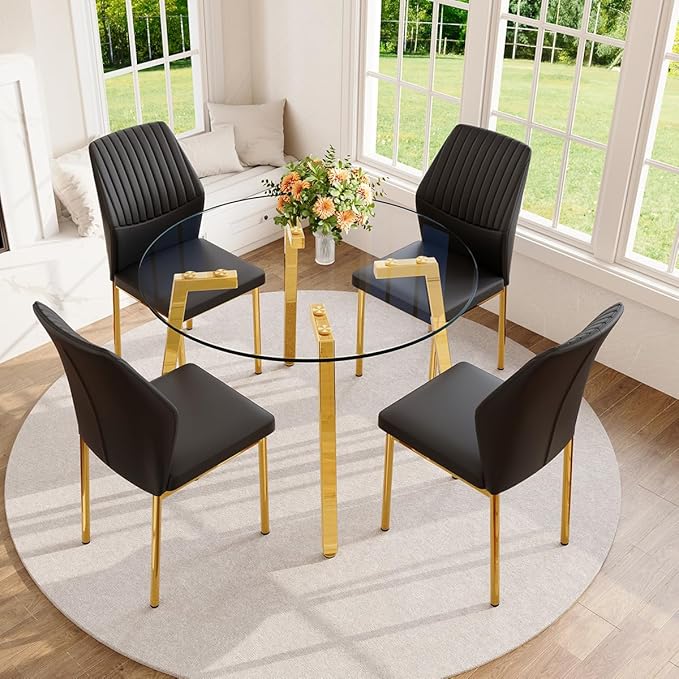 42" Round Glass Dining Table Set for 4,Modern Breakfast Table Set for 4 with Luxury Gold Chrome Legs,Space Saving Kitchen Table and Black Chairs for Apartment,Easy Assembly