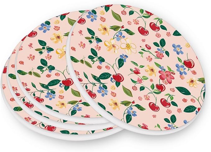 Coasters for Drinks Coaster Drink Set Decorative Coffee Table Desk Cup Mat Spring Cute Cork Bar Backing Round Home Decor Cute Cherry Blue Flowers26
