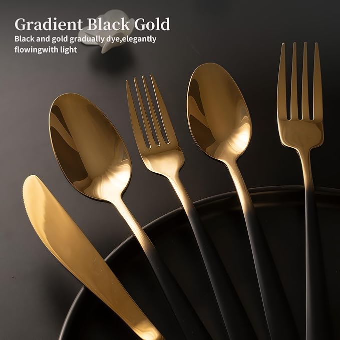 Black Silverware Set for 4 Elegant 20 Piece Flatware Set 18/10 Stainless Steel Nice Weight Mirror Polished Unique Black Gradual Change Gold Cutlery Utensils Sets for Home Kitchen Restaurant