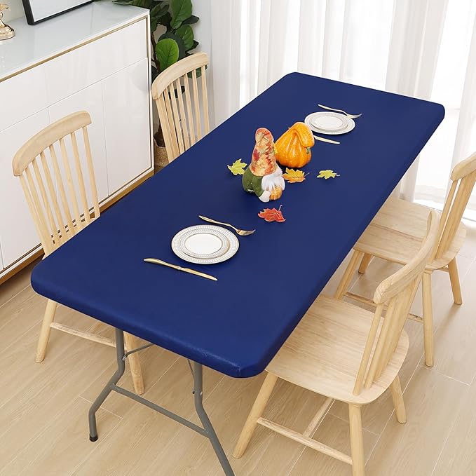Smiry Rectangle Tablecloth, Elastic Fitted Flannel Backed Vinyl Tablecloths for 5ft Folding Tables, Waterproof Wipeable Table Covers for Indoor, Outdoor, Picnic and Camping (Navy, 36"x60")