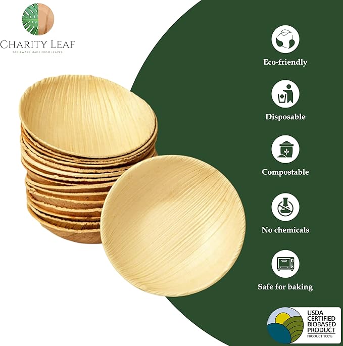 Charity Leaf Disposable Palm Leaf 3.5" Round Mini Bowl (400 pcs) Dipping Bowls | Bamboo Like| All Natural and Biodegradable | Charcuterie Boards, BBQs, and Parties