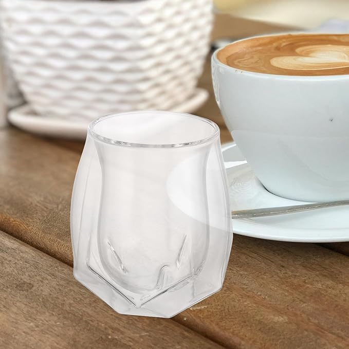 Double Wall Whiskey Glass with Pentagonal Base, Creative Small Tumbler for Home Parties, Ribbed Insulated Glassware for Women and Cocktail Enjoyment