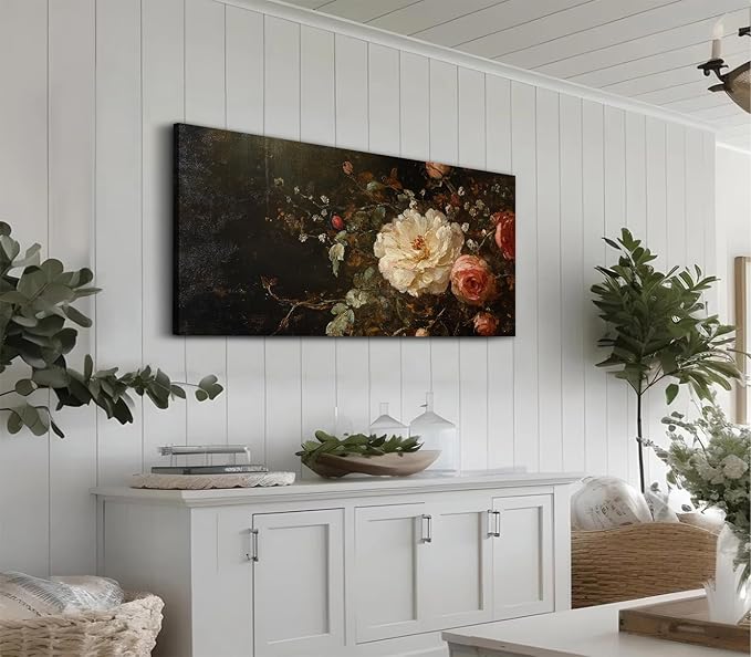 ADJUVANT Wall Art Vintage Peony And Rose Bouquet 60"L x 30"W, White Peony With Pink Roses Canvas Painting Elegant Floral Artwork Prints Botanic Wall Decor for Living Room Bedroom Dining Room Home Office