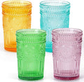 MDLUU Colored Glassware, Multicolor Drinking Glasses, Embossed Water Glasses, Colored Tumblers Glass, Capacity 12oz/345ml, Set of 4