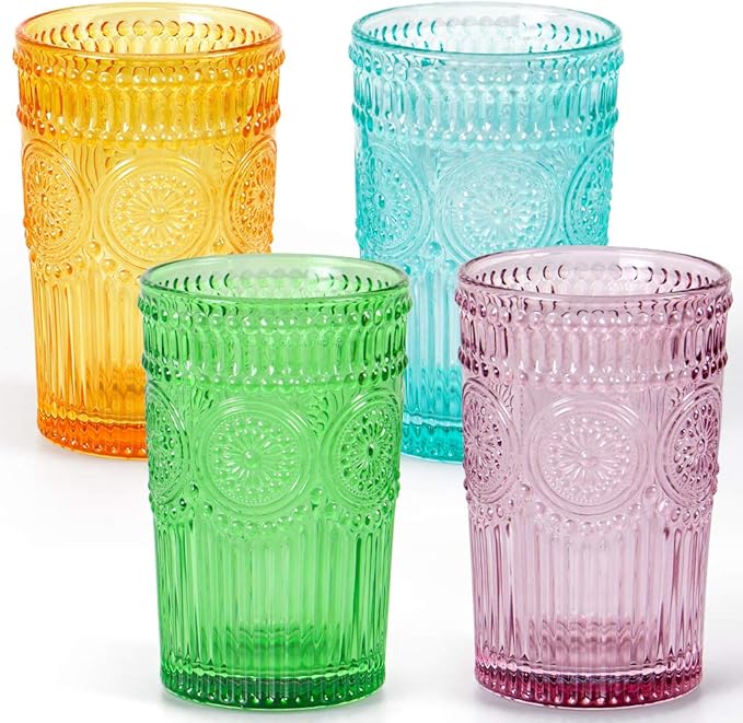 MDLUU Colored Glassware, Multicolor Drinking Glasses, Embossed Water Glasses, Colored Tumblers Glass, Capacity 12oz/345ml, Set of 4
