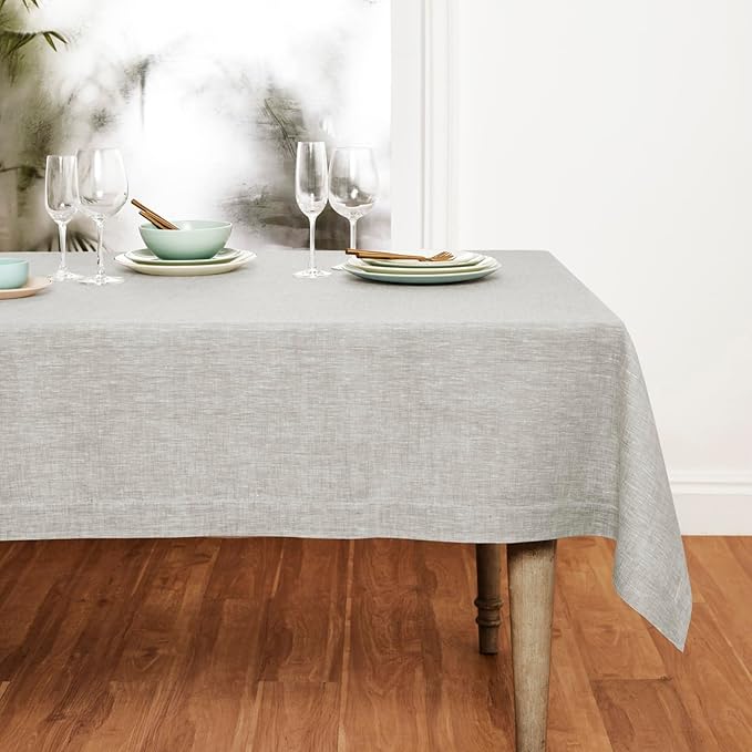 Solino Home Linen Tablecloth 60 x 120 Inch - 100% Pure Linen Oyster Grey Table Cloth for Rectangular Tables - Athena, Machine Washable Cloth Tablecloth for Spring, Easter