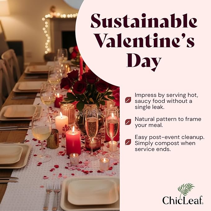Chic Leaf Round Palm Leaf Plates - 10-Inch & 7-Inch, Pack of 48 - Compostable Disposable Bamboo Plates for Parties, Winter Cozy Dinner, Wedding & Valentine's day Romantic Candlelit Home Dining