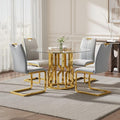 38.9" Round Glass Dining Table Set for 4, Modern 5 Piece Kitchen Table Set with Gold Stainless Steel Base & 4 PU Leather Accent Chairs, Saving Space, Dining Set for Apartment, Home - Grey Chair