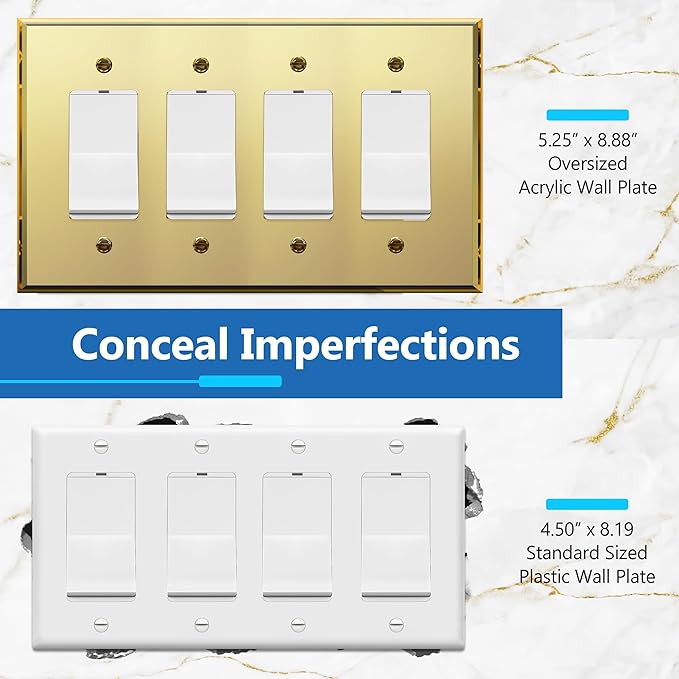 LIDER Reflective Acrylic Decorator Wall Plate, Mirrored Light Switch Plate, Plexiglass Outlet Cover, Acrylic Glass, Oversized 4-Gang 5.25" x 8.88", LWP-34O-AGD, Gold