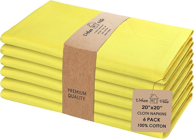 Urban Villa Yellow Napkins Solid Set of 6 Cloth Dinner Napkins Size 20x20 Inches Cloth Napkins 100% Cotton with Mitered Corners Ultra Soft DinnerNapkins