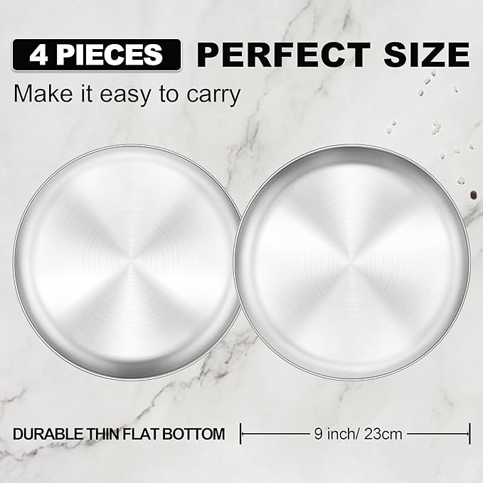 E-far 4-Piece Stainless Steel Plates, 9 Inch Metal Dinner Plates Dishes for Home, Picnic, Outdoor Camping, Healthy & Non-Toxic, Shatterproof & Dishwasher Safe
