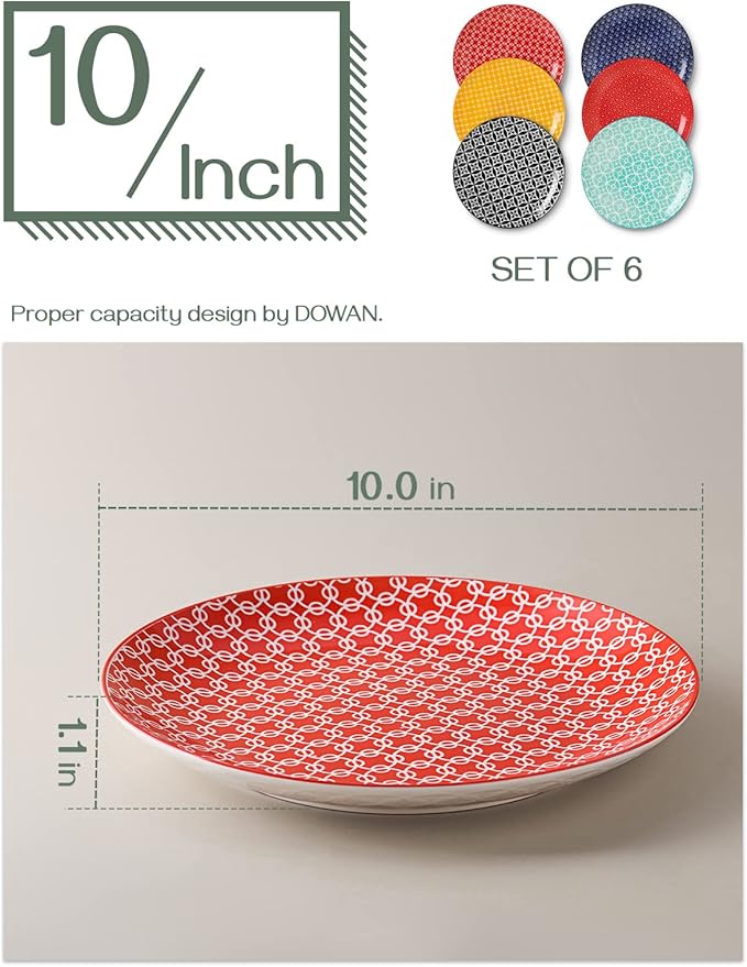 DOWAN 10" Colorful Dinner Plates Set of 6, Ceramic Dessert Plates Set for Salad, Pasta, Steak - Appetizer Plates, Dining Serving Plates for Parties, Restaurant - Dishwasher & Microwave Safe - Gifts