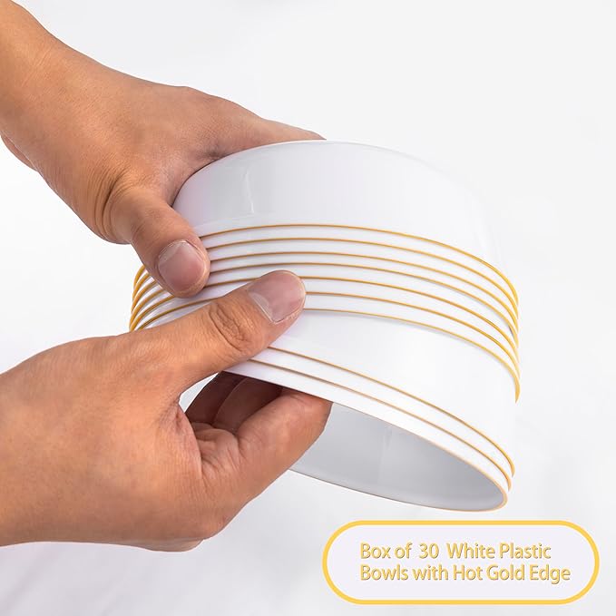 I00000 30 Pack White Plastic Bowls with Gold Rim,16 oz Disposable Soup Bowls,Premium Heavy Plastic Serving Bowls Ideal for Thanksgiving Party