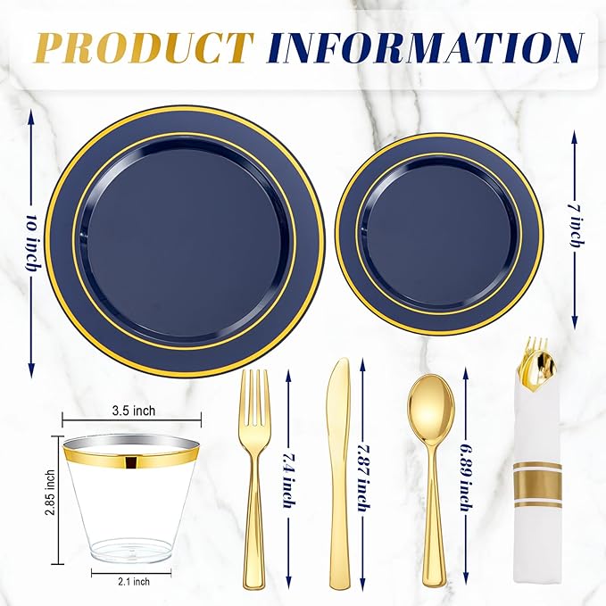 350PCS Navy Blue and Gold Plastic Plates with Rolled Napkins Include Dinner Plate 10’’, Dessert Plate 7’’, gold Cups 9 OZ, Pre Rolled Napkins 25 of each type for Party/Birthday/Wedding