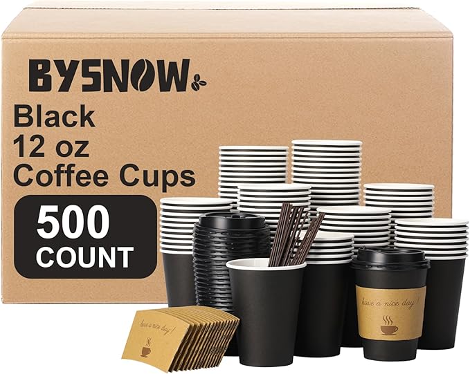 500 pack 12 oz Disposable Coffee Cups with Lids,To Go Coffee Cups for Home, Office, Cafes and Party (Black 12oz)