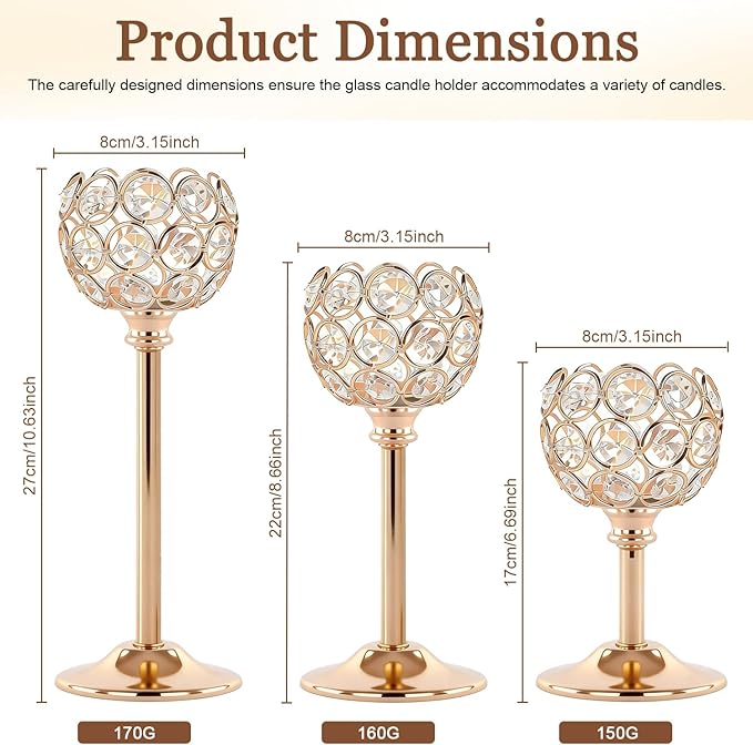 Crystal Candle Holders 4 Set of 12 - Gold Vintage Hollow Ball Candle Stand for Table Centerpiece, Crystal Metal Tealight Candlestick for Wedding, Dining Room Decor