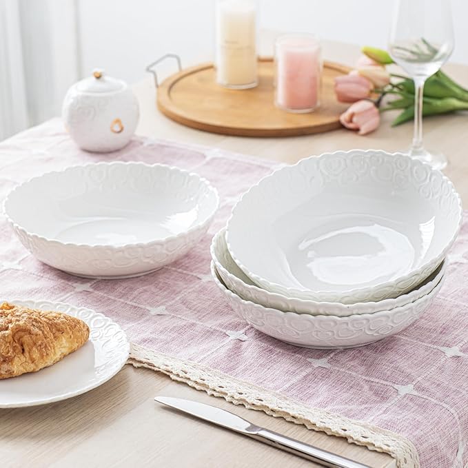 HOMBENE Heartbeat Pasta Bowls Set of 4, 28oz Salad Bowls Soup Bowl for Kitchen, Porcelain Wide and Shallow, Noodle, Soup, Pasta,Dinner, Microwave & Dishwasher Safe (White)