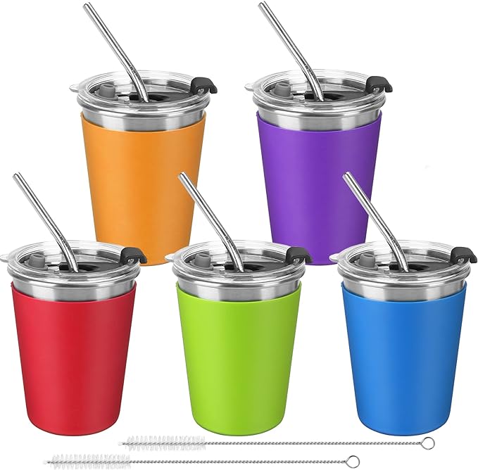 ShineMe Stainless Steel Kids Cups, 5pack with Spill Proof Lids, Straws & Silicone Sleeves, 12oz, BPA Free, Insulated, for Cold & Hot Drinks