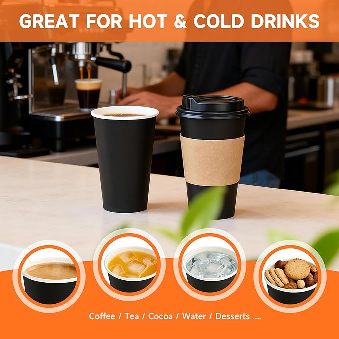 100 Pack 16 oz Disposable Coffee Cups with Lids and Sleeves, Sturdy Paper Cups for Hot/Cold Drinks, Leak-Proof To Go Coffee Cups with Lids for Home, Café, Events, Office, Black