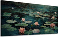 ADJUVANT Wall Art Impressionist Water Lily Pond 40" L x 20" W, Pink Lotus Flowers on Dark Blue Water Canvas Painting Nature Artwork Prints Wall Decor for Living Room Bedroom Bathroom Home Office