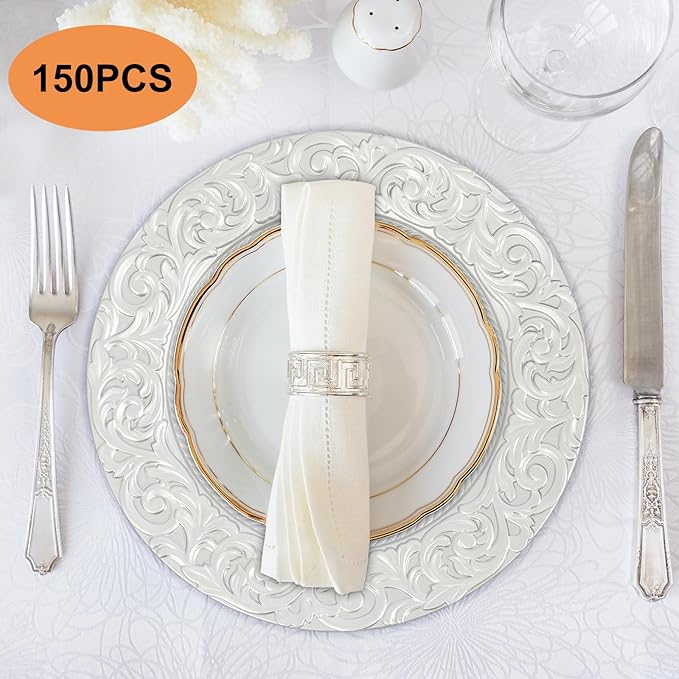 150 Pcs Charger Plates Set, Round Charger Plates, Reusable Serving Plates Embossed Rim Plastic Chargers Plate Decorative Round Plate Chargers for Dinner Plate Table Wedding Shower Decoration