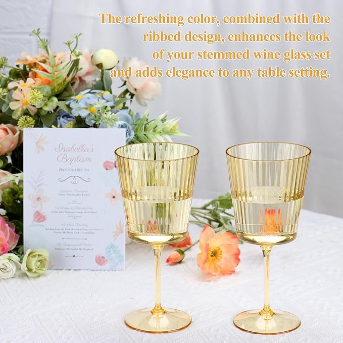 48 PCS Gold Ribbed Plastic Wine Glasses 13.5 OZ Ribbed Wine Glasses Detachable Wine Glass Elegant Fluted Glassware Vintage Style for Wedding Anniversary Birthday Dinner Parties