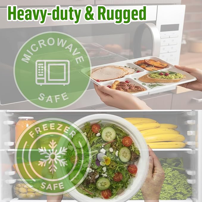 5 Compartment Compostable Heavy Duty Disposable Paper Plates, 150 Count | 10.2" X 8.3" | Natural Bagasse, White Biodegradable Eco-Friendly School Lunch, Buffet, Party Sugarcane Tray