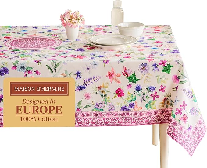 Maison d' Hermine Table Cloth Rectangle Table 100% Cotton 60 x 120 Inches Tablecloth Reusable Decorative for Dining Room Farmhouse Home Valentines Day Decorations Spring Summer - Chardon