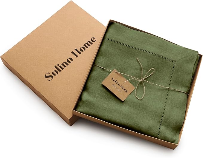 Solino Home Olive Linen Tablecloth 60 x 132 Inch - 100% Pure Linen Classic Hemstitch Table Cloth for Rectangle Tables - Machine Washable Tablecloth for Wedding, Parties, St Patricks Day
