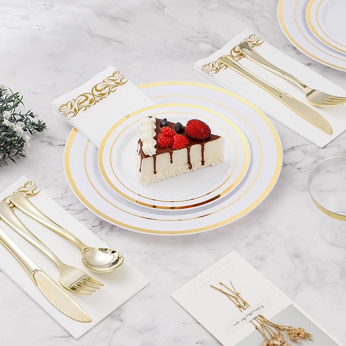 BESTVIP 700 PCS Gold Dinnerware Set for 100 Guests, Plastic Dinnerware Set for Party, Christmas, Include: 200 Plastic Plates, 100 Gold Silverware, 100 Cups, 100 Paper Napkins