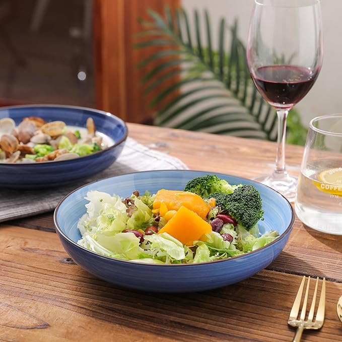 Selamica Ceramic Pasta Bowls Set 34 OZ, Large Salad Bowl 8.6 Inch Deep Plates for Pasta Soup, Microwave & Dishwasher Safe, Set of 6, Gradient Blue