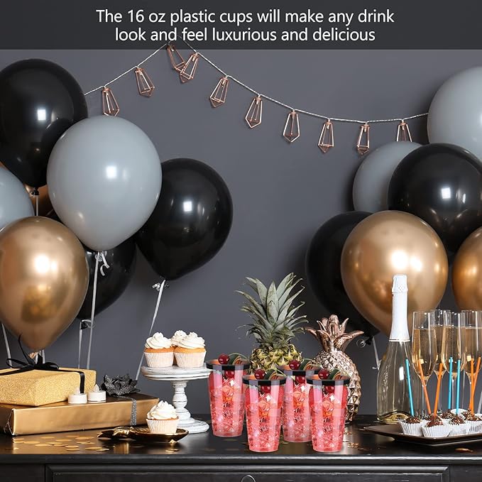Patelai 100 Pcs 16oz Plastic Cups Disposable Rimmed Cups Heavy Duty Drinking Wine Glasses for Christmas Winter Birthday Beer Taste Serving Snack Sample Tastings Barbecues Picnic(Black)