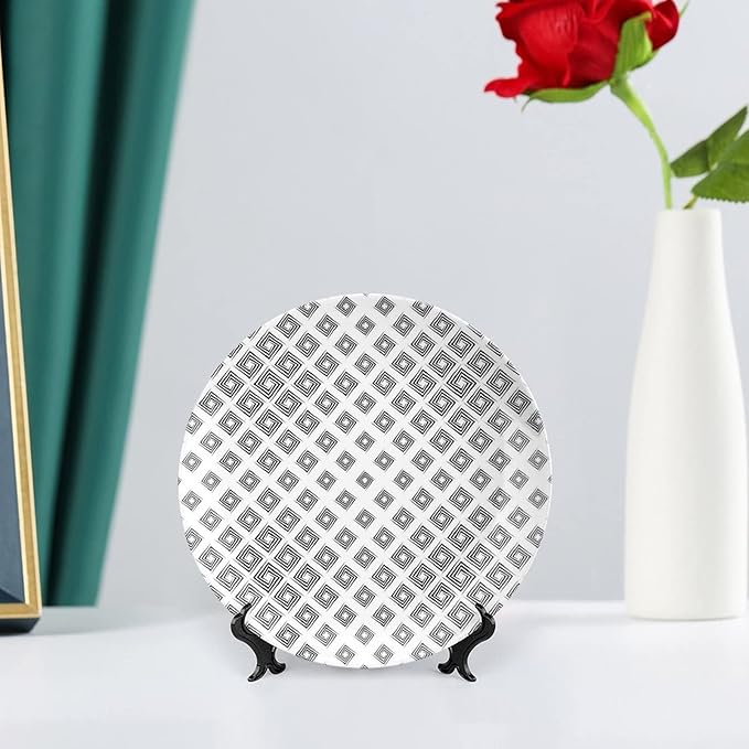 Decorative Plates, Abstract Print Ornament, Minimalist Geometric Diamond Shaped Square Lines, 10 Inch, 1 Plate with 1 Display Stand, Black White