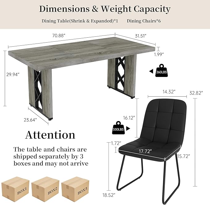 7-Piece Dining Table Set for 6 People, 70.8" MDF Kitchen Table with 6 Upholstered Chairs, Space-Saving for Dining Room, Breakfast Nook(Grey Table+6 U-Shaped Black Chairs)