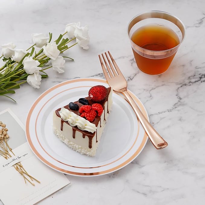BESTVIP 600PCS Rose Gold Plastic Plate Set (100 Guests), Plastic Plates for Party Wedding Birthday, Disposable Dinnerware Set of 200 Plates, 200 Forks, 100 Spoons, 100 Knives for Christmas