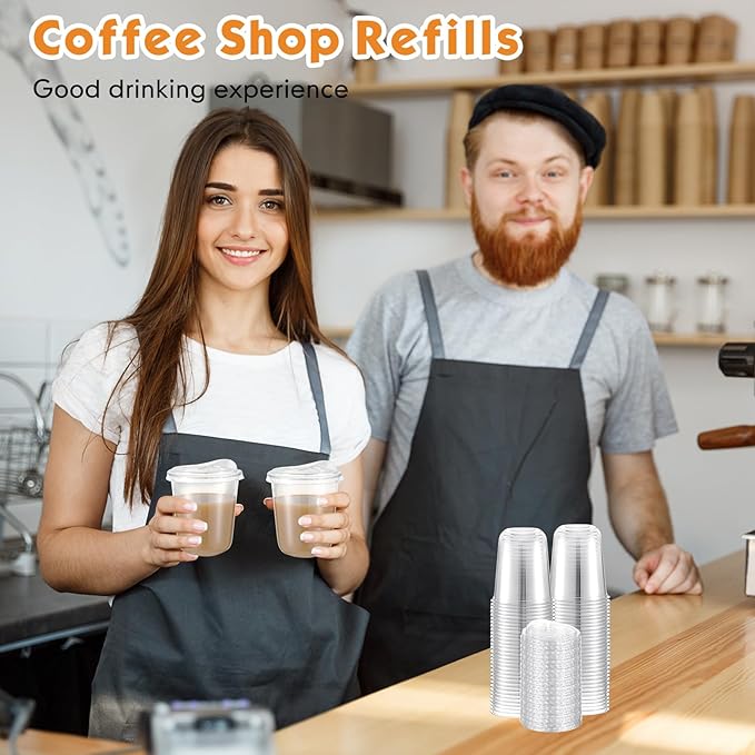 50 Sets 14 oz Clear Plastic Cups with Strawless Sip Lids, Thickened Clear Disposable Plastic PET Crystal Cups for Iced Coffee, Smoothie, Cold Beverage, Drink Shops and Party Catering
